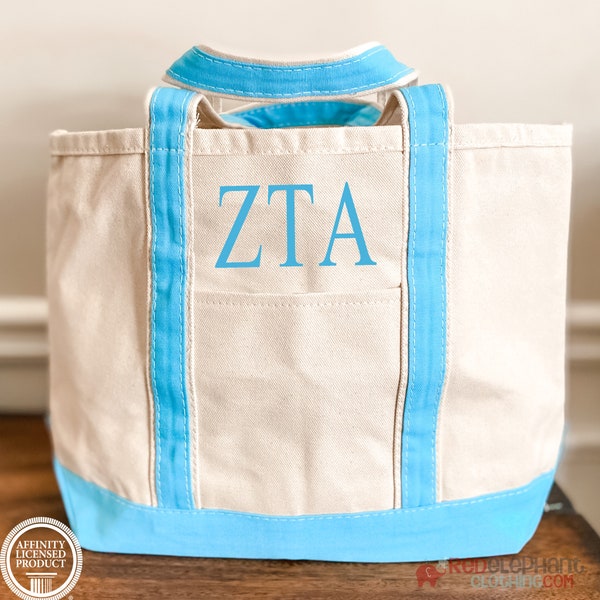 Zeta Tau Alpha Sorority Canvas Bag, Embroidered Tote Zip, Rush Week Bid Day Big Little Gift for Her, Small Medium Large Beach ZTA Merch