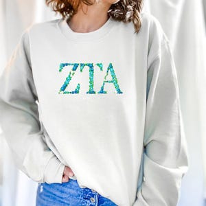 Zeta Tau Alpha Embroidered Crewneck Sweatshirt, ZTA Pullover Crew Neck Sweater Sorority Greek Letters Merch, Rush Bid Day Big Little Gifts