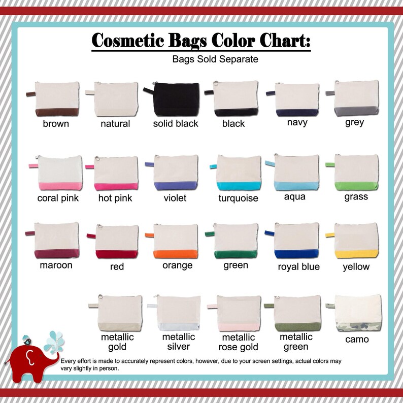 The image is a color chart that lists various cosmetic bags in different colors, including natural, solid black, navy, grey, coral pink, hot pink, turquoise, aqua, grass, maroon, red, orange, green, royal blue, yellow, metallic gold, metallic silver, rose gold, and camo.