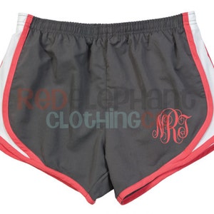 Monogrammed Running Shorts, Personalized Bridesmaids Gifts, Monogram Shorts, Monogrammed Preppy, Running Shorts, Women, Norts, Workout Grey with Coral