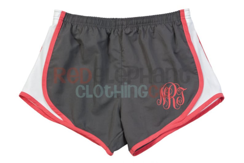 Monogrammed Running Shorts, Personalized Bridesmaids Gifts, Monogram Shorts, Monogrammed Preppy, Running Shorts, Women, Norts, Workout Grey with Coral