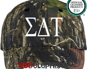 Sigma Delta Tau Camo Baseball Hat, Sigma Delt Camouflage Cap, Sorority Rush Week Big Little Reveal Gift Embroidered ΣΔΤ Greek Letters Merch