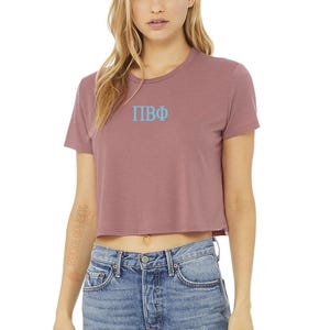 Pi Beta Phi Crop Top Embroidered Greek Letters Sorority Baby Tee Shirt, Pi Phi Merch Rush Bid Day Apparel Big Little Clothing Gift