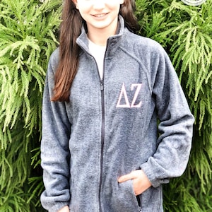 Delta Zeta Full Zip Fleece Jacket in Princess Cut Ladies Fit Embroidered Sorority Greek Letters for Big Lil Sister Bid Day Gifts, DZ Merch