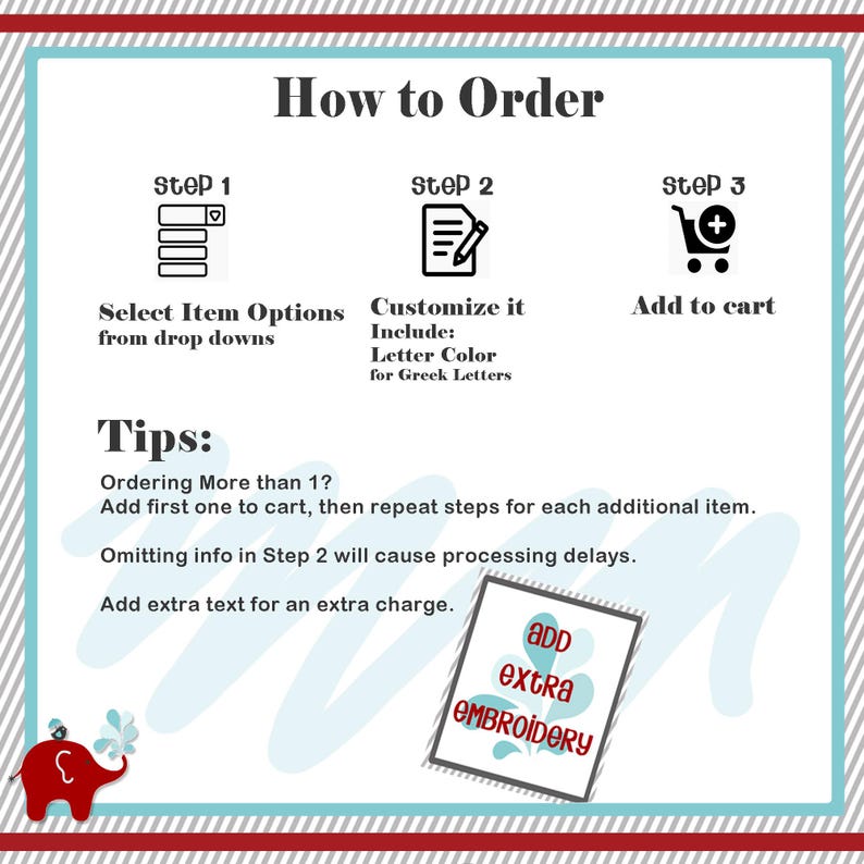 The image is a step-by-step guide on how to order items from a drop-down menu, with three steps and corresponding icons. The guide provides tips on ordering more than one item, omitting information in Step 2, and adding extra text for an extra charge.