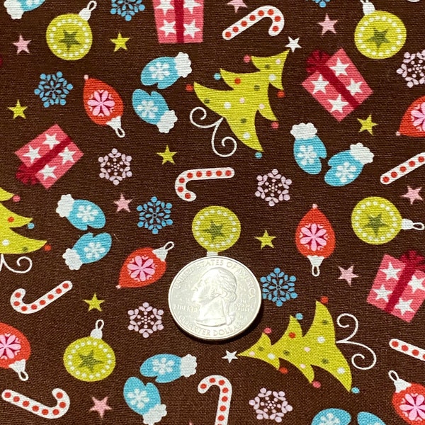 Tossed Christmas by Brother Sister Designs 100% cotton quilting fabric 1/2 yard cut Brown with Mittens, Candy Canes, Snowflakes, Trees, 2009