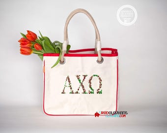 Sac fourre-tout en toile Alpha Chi Omega sororité avec poignée en corde ou pochette zippée, lettre grecque A chi O brodée floral, gros petit cadeau le jour de l'enchère