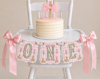 Un conejito es uno, dos, tres. Pancarta de cumpleaños DIY / Pancarta de conejito para silla alta / Decoración de cumpleaños a cuadros rosas / Adorno para pastel de un conejito