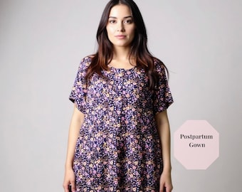 Postpartum Gown Navy Floral Breastfeeding Skin to Skin Clothing Maternity Nursing Wear Postpartum Lounge Dress Medical Recovery Attire