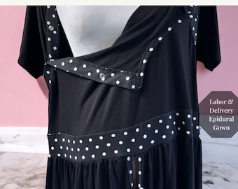 Camice da parto con epidurale, nero con bordo a pois, abbigliamento ospedaliero per il parto, allattamento al seno, abbigliamento premaman, idea regalo per neomamme
