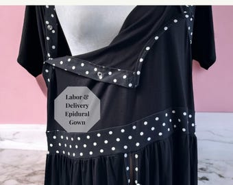 Black with Polka Dot Trim Labor Delivery Epidural Gown Hospital Birth Attire Skin to Skin Breastfeeding Maternity Wear New Mama Gift Idea
