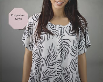 Postpartum Black White Palm Gown Breastfeeding Skin to Skin Clothing Maternity Nursing Wear Postpartum Lounge Dress Medical Recovery Attire