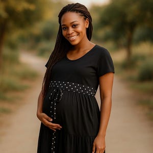 Black Maternity Hospital Gown with Polka Dot Accents| Cute Labor & Delivery Gown | Perfect Baby Shower Gift| Epidural Ready Birth Gown