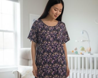 Postpartum Hospital Gown Snap Front Breastfeeding Nightgown Nursing Sleepwear Maternity Wear Navy Floral Print Knee Length Recovery Attire