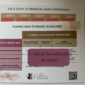 May include: A two-sided informational card featuring The 5 Steps to Prenatal Hand Expression and Human Milk Storage Guidelines. The chart includes storage locations, temperatures in Fahrenheit and Celsius, and milk types with a QR code.