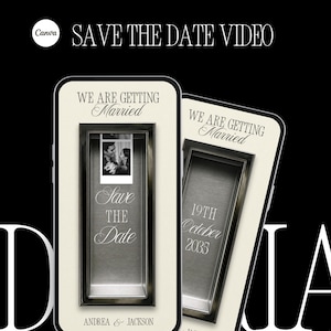 Op de afbeelding: Een digitaal huwelijksuitnodigingsontwerp met twee smartphones met een zwart-witfoto en de tekst "Save the Date". Het ontwerp bevat de tekst "We are getting Married" en de namen "Andrea & Jackson".