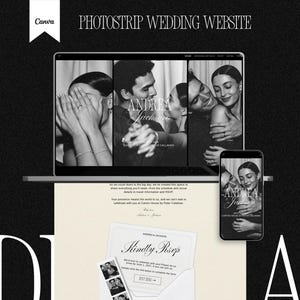 May include: A digital template for a wedding website titled Photostrip Wedding Website, featuring a laptop and smartphone displaying black and white photos of a couple, along with a digital RSVP card and a physical photo strip in an envelope.