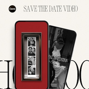 Könnte beinhalten: Ein rotes Smartphone zeigt einen gerahmten Fotostreifen mit Schwarz-Weiß-Bildern eines Paares. Ein zweites Telefon zeigt ein Graustufenfoto eines Paares. Der Text "SAVE THE DATE VIDEO" ist sichtbar.
