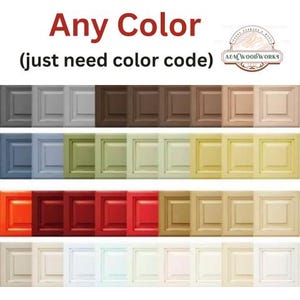 Puede incluir: Una carta de colores de muestras de puertas de armario en varios colores, incluyendo gris, marrón, azul, verde, amarillo, naranja, rojo y crema. El texto "Any Color (just need color code)" está en la parte superior, con un logotipo en la esquina superior derecha.