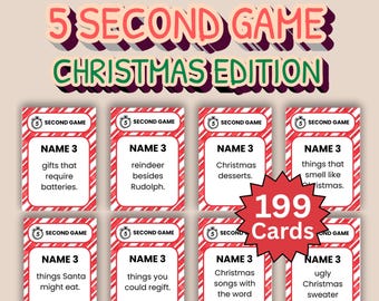 Puede incluir: Un juego de mesa llamado "5 Second Game Christmas Edition" con 199 cartas. Las cartas tienen un borde a rayas rojo y blanco y preguntas como "Nombra 3 regalos que necesitan pilas". El título del juego está en una fuente festiva.