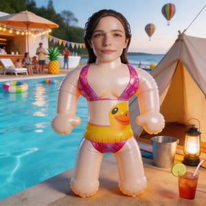 Könnte beinhalten: Eine aufblasbare Puppe in einem rosa und gelben Bikini mit Entenmuster. Die Puppe steht in der Nähe eines Swimmingpools, mit einem Getränk und einem Zelt im Hintergrund. Heißluftballons sind am Himmel zu sehen.