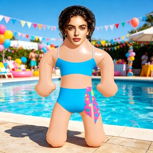 May include: An inflatable doll in a blue bikini stands near a swimming pool. The doll has a woman's face and is wearing a two-piece swimsuit with a polka-dot accent. Colourful balloons and party decorations are in the background.