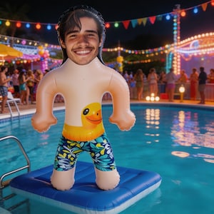Könnte beinhalten: Ein aufblasbares Poolspielzeug in Form einer Person mit lächelndem Gesicht, Enten-Grafik und blauen Blumen-Shorts. Das Spielzeug befindet sich auf einer blauen Schwimmmatte in einem Pool, mit einer Partyszene im Hintergrund.