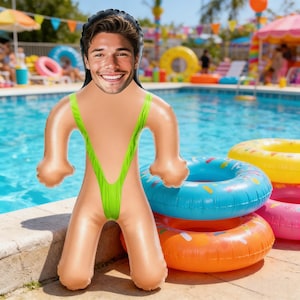 May include: An inflatable pool toy in the shape of a man wearing a green swimsuit. The toy has a smiling face and is positioned near colourful inflatable rings. The background shows a swimming pool and other pool toys.