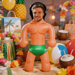 Op de afbeelding: Een opblaasbare pop met een mannengezicht met een koptelefoon, oranje huid en een groene zwembroek. De pop heeft een gespierde torso. De achtergrond bevat een strandbal, kokosnoten en tropische decoraties, wat wijst op een thema van feest of vakantie.