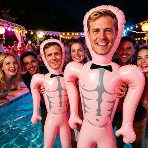 Puede incluir: Dos muñecos inflables de color rosa con estampados de torsos musculosos y pajaritas negras. Cada muñeco tiene una abertura en la zona de la cabeza para que una persona coloque su rostro. Los muñecos son sostenidos por personas en una fiesta.