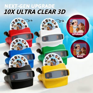 Op de afbeelding: Een verzameling kleurrijke 3D-viewers in rood, wit, blauw, groen, zwart en geel. Elke viewer heeft een cirkelvormige beeldrol met meerdere kleine foto's. De tekst "NEXT-GEN UPGRADE 10X ULTRA CLEAR 3D" staat bovenaan.
