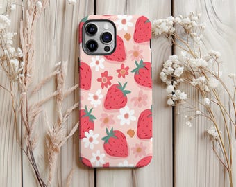 Cute Strawberry Floral Phone Case Fruit Pattern iPhone Case Pink Aesthetic iPhone Cover For 1716 15 14 13 12 11Pro Max Mini MagSafe Case