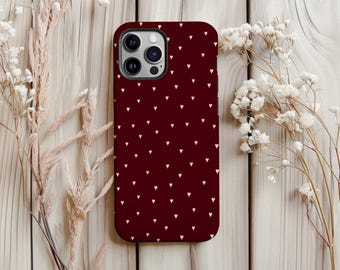 Funda para teléfono con diseño de corazón burdeos, con un delicado diseño de corazón rojo para iPhone 17, 16, 15, 14, 13 y 12, y Samsung S25 y S24. Diseño de corazón femenino.