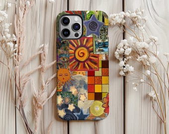 Retro Psychedelic Sun & Moon Collage Phone Case, Unique Hippie Aesthetic Phone Accessory, iPhone 17 16 15 14 13 Pro Samsung S25 S24 Ultra