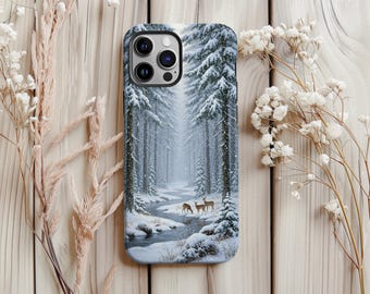 Winter Snowy Forest Phone Case Snowy Pine Tree & Deer Design Phone Cover for iPhone 17 16 15 14 13 12 Pro Max Magnetic Samsung S25 S24 S23