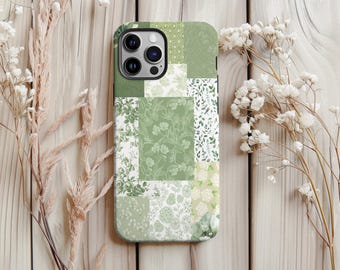 Saliegroene quilt patchwork bloemen telefoonhoesje Preppy Girly Cottagecore bloem gingham-hoesje voor iPhone 17 16 15 14 13 12 Pro Max, Samsung S25