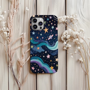 May include: A phone case with a whimsical night sky design. The case has a dark blue background with colourful stars, clouds, and a rainbow. The design is printed on a phone case with a camera cutout.