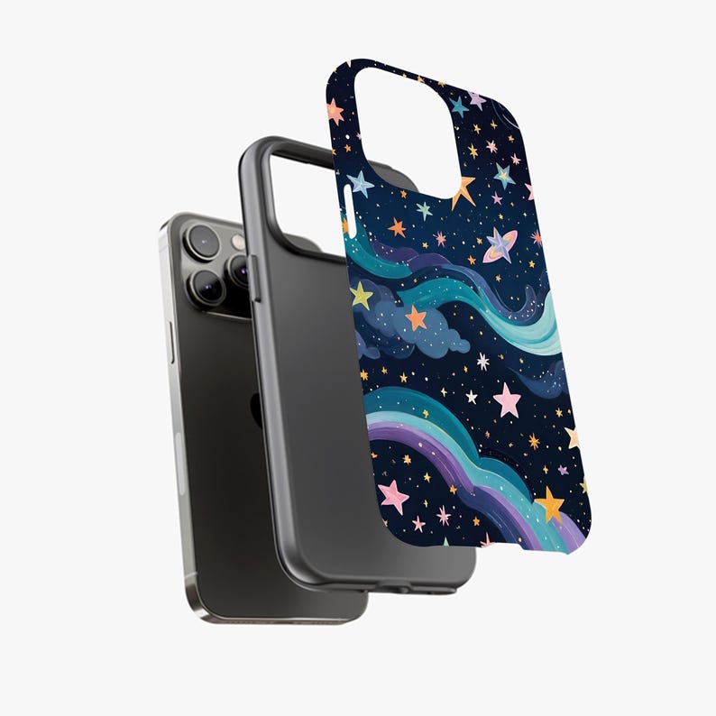 May include: A black phone case with a colorful celestial design. The case features a dark blue background with illustrations of stars, clouds, and a rainbow. The phone case is shown with a phone and a separate case cover.