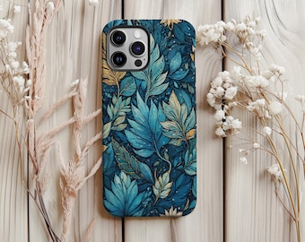 Funda para teléfono con estampado de hojas azules, diseño artístico botánico estético para iPhone 17, 16, 15, 14, 13, 12 y 11 Pro Max, Samsung S25, S24 FE, S23 y S22 Ultra