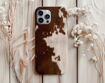 Cowhide Phone Case Brown White Animal Pattern Design for iPhone 17 16 15 14 13 12 11 Pro Max Samsung S22 S23 S24 S25 Unique Western Case
