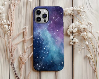 Purple Blue Nebula Phone Case Watercolor Galaxy Design Phone Cover for iPhone 17 16 15 14 13 12 Pro Max, Samsung S25 Gift for Space Lovers