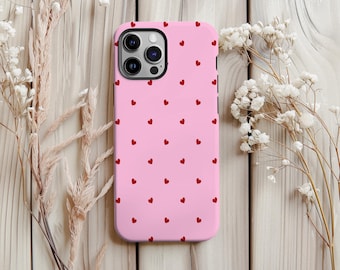 Pink Phone Case with Red Heart Pattern, Protective Cover