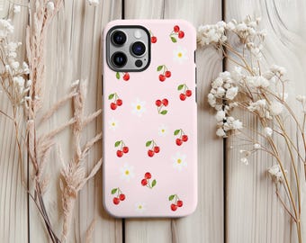 Cherry Daisy Phone Case, Pink Floral Pattern, Protective Dual Layer
