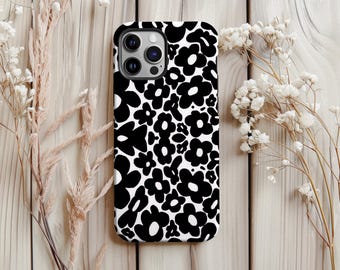 Funda para teléfono con diseño floral en blanco y negro, con un bonito estampado floral retro.