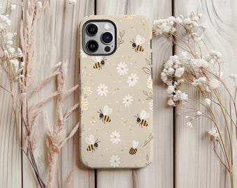 Beige Bee and Daisy Floral Phone Case Aesthetic Nature Phone Protector iPhone 17 16 15 14 13 12 Pro Max MagSafe Samsung Galaxy S25 S24 Ultra