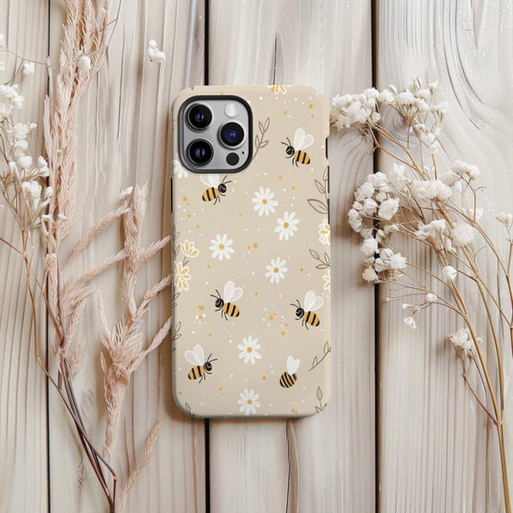 Beige Bee and Daisy Floral Phone Case Aesthetic Nature Phone Protector iPhone 17 16 15 14 13 12 Pro Max MagSafe Samsung Galaxy S25 S24 Ultra