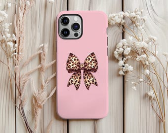 Pink Leopard Bow Phone Case: Girly Animal Print, Protective Dual Layer