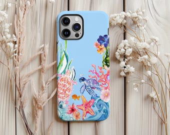 Sea Turtle Phone Case: Blue Ocean Marine Art, Dual Layer Protection