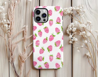 Watercolor Pink Strawberry Phone Case Cute Girly Fruit Print Phone Cover iPhone 17 16 15 14 13 12 Pro Max X XS, Samsung Galaxy S25 S24 Ultra