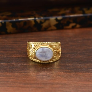 Wide Band Brass Moonstone Ring – Ornate Handmade Gemstone Ring For Women, Boho Vintage Style Adjustable Statement Jewelry, Spiritual Gift